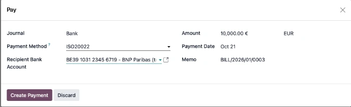 Odoo vendor payment wizard with the bill reference and vendor bank account filled in